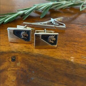 COSTUME Gold tone unicorn motif Cufflinks + silver tone Tie Clip.